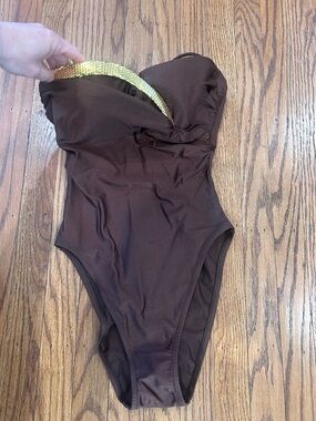 Halter or Strapless Chocolate Brown One-Piece Swimsuit with Gold Accent - size M